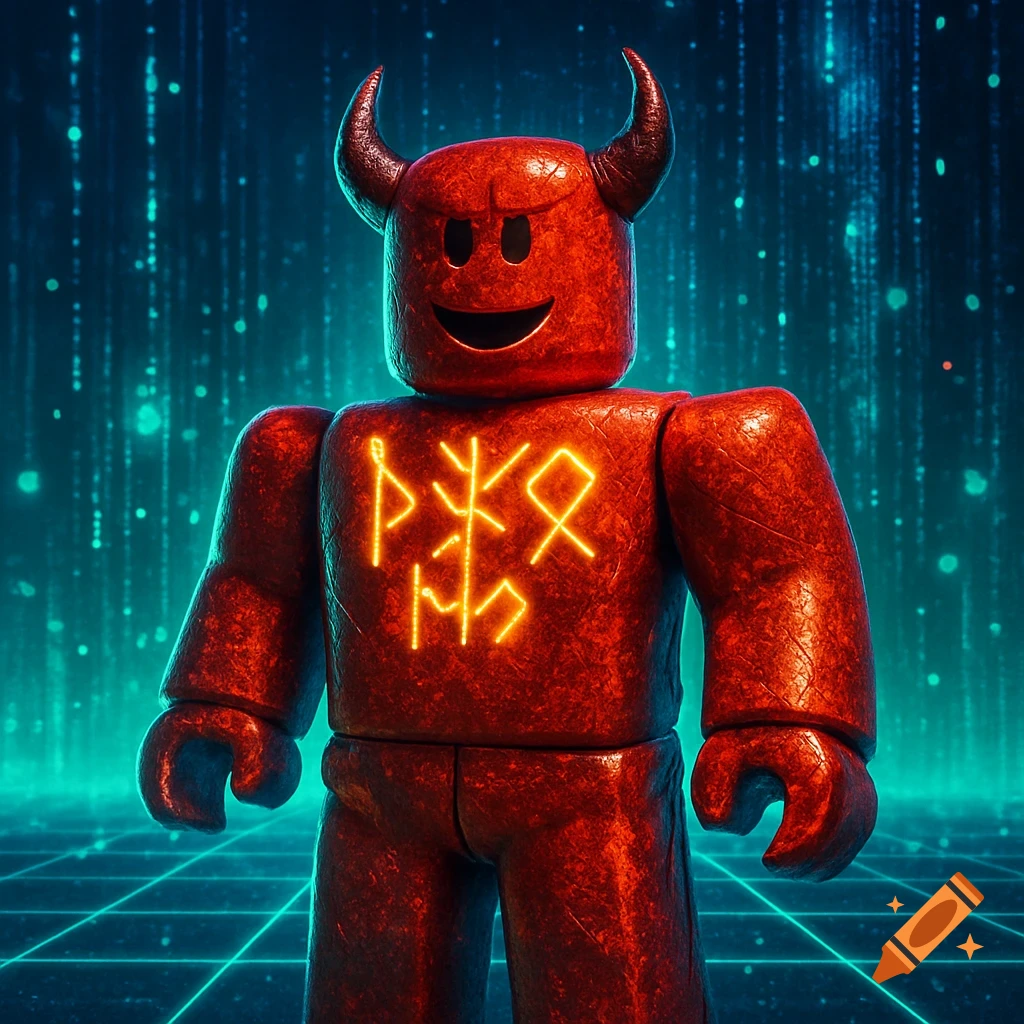 A red Roblox character with devil horns and glowing runes on its chest stands in a digital-looking environment.