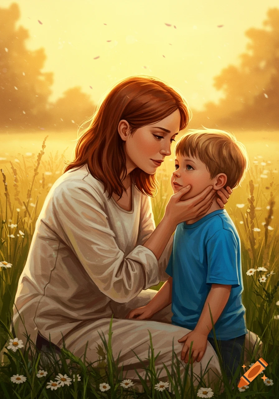 An illustrated image of a woman gently touching a boy's face in a sun-drenched field filled with tall grass and wildflowers.