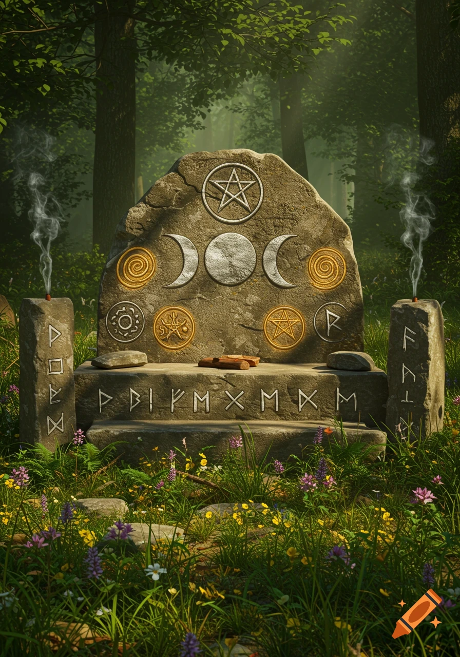 A detailed photorealistic depiction of a stone altar with pagan symbols and runes, surrounded by wildflowers in a sun-dappled forest.