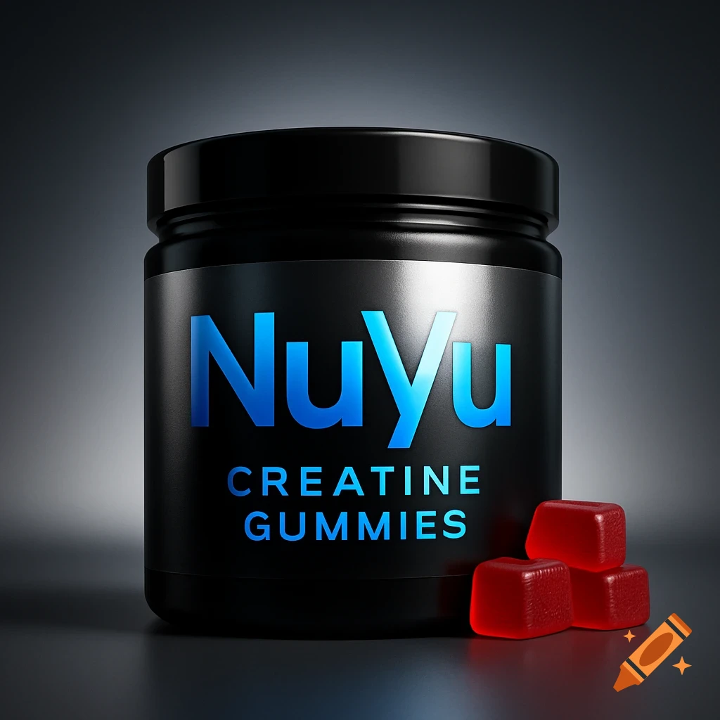 A photorealistic image of a black NuYu Creatine Gummies tub with glowing blue text, next to three red gummies.