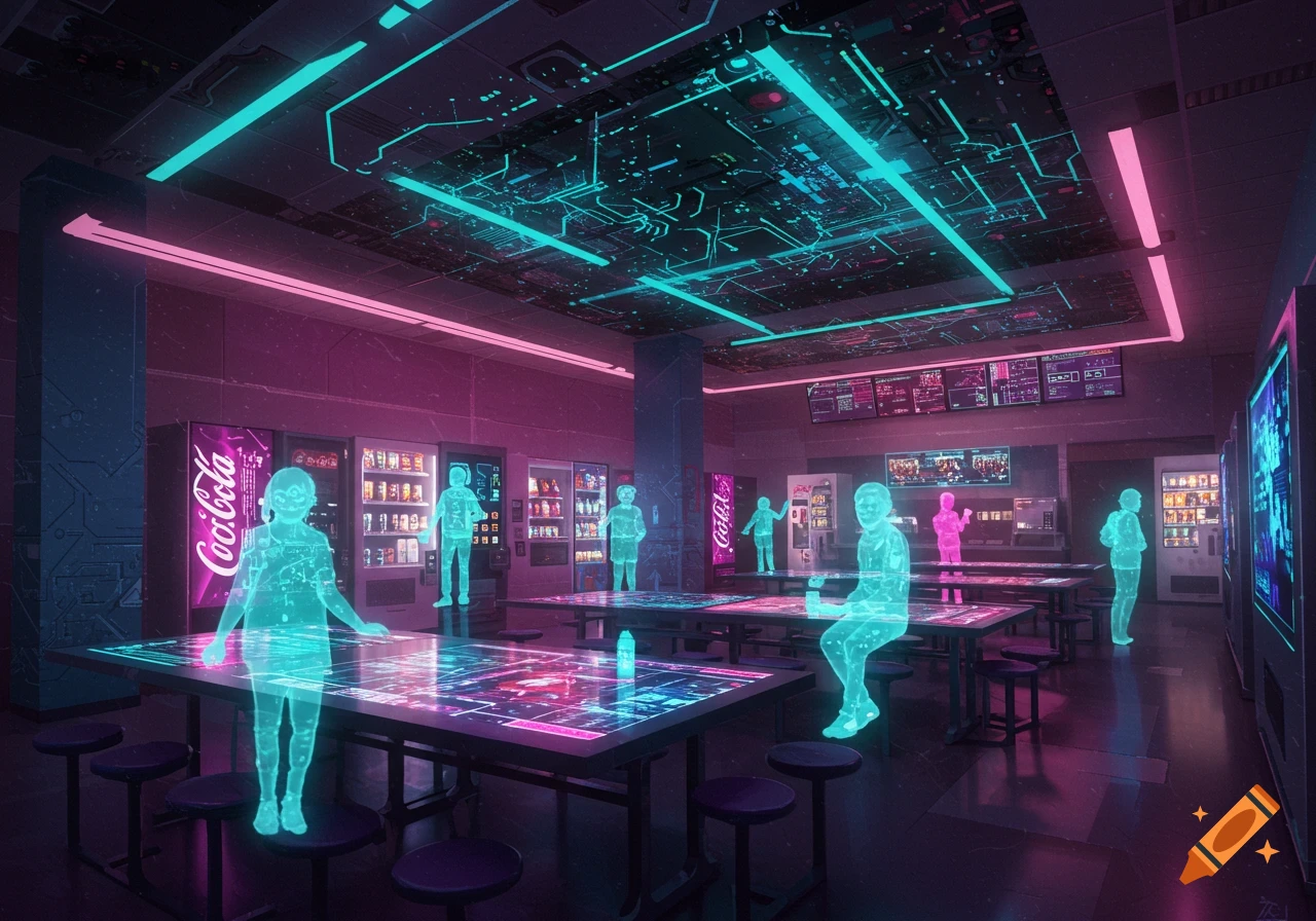 A neon-lit futuristic cafeteria with holographic people standing and sitting at glowing tables, featuring vending machines with colorful snacks.