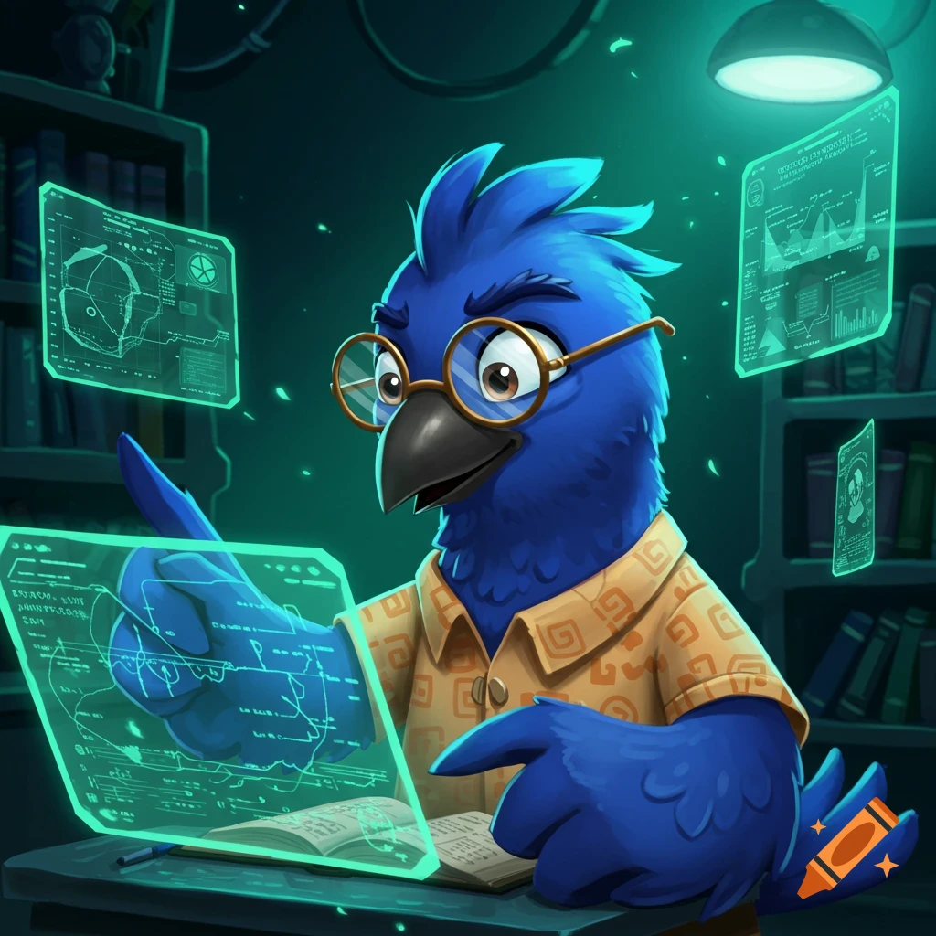 A blue cartoon bird wearing glasses and a shirt looks at glowing holographic screens in a dimly lit room with bookshelves.