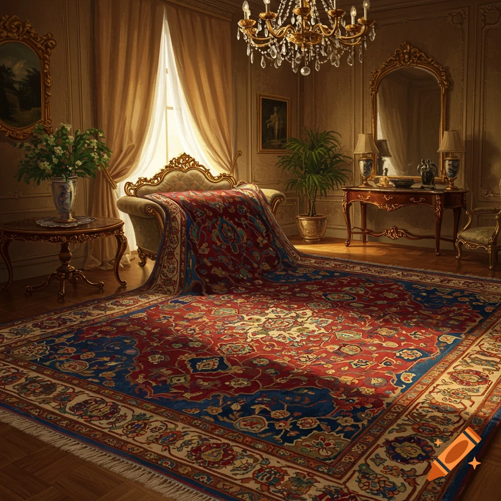 An opulent room with a large, intricately patterned red and blue Persian rug draped over a chaise lounge and covering the wooden floor, bathed in warm light.