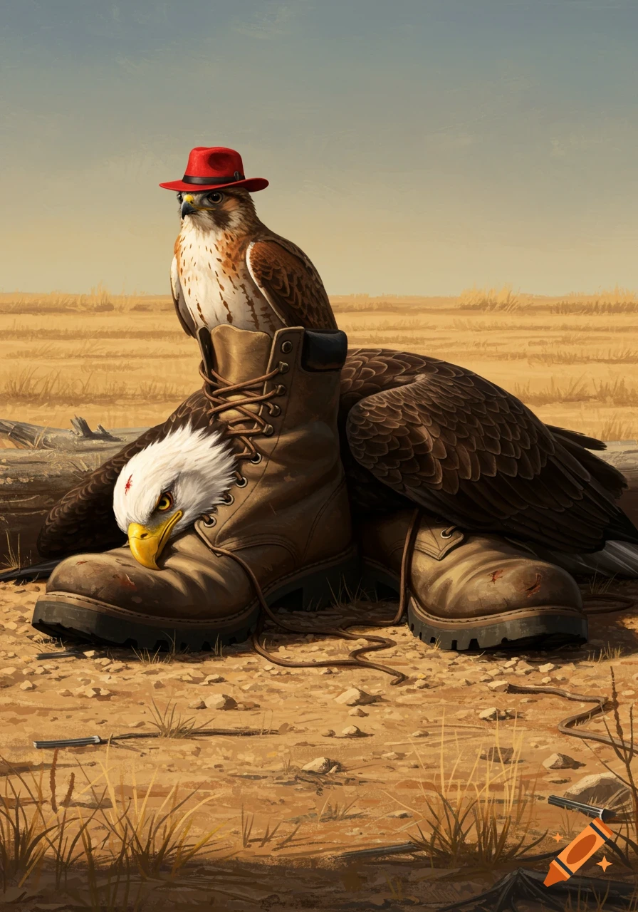 A digitally painted scene of a red-tailed hawk wearing a red hat perched on a boot, next to a bald eagle's head emerging from another boot in a dry field.