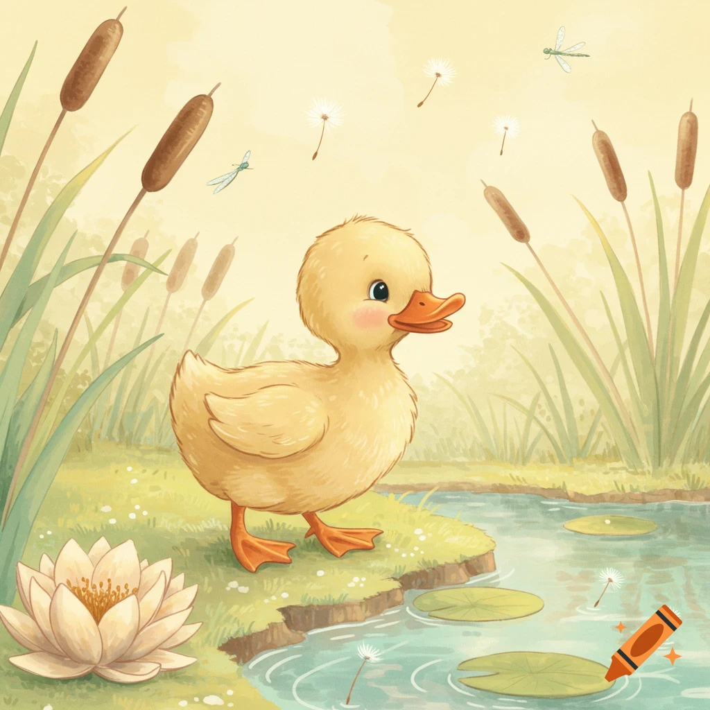 A cute yellow baby duck stands by a pond with lily pads, a water lily, and cattails in a children's book illustration style.