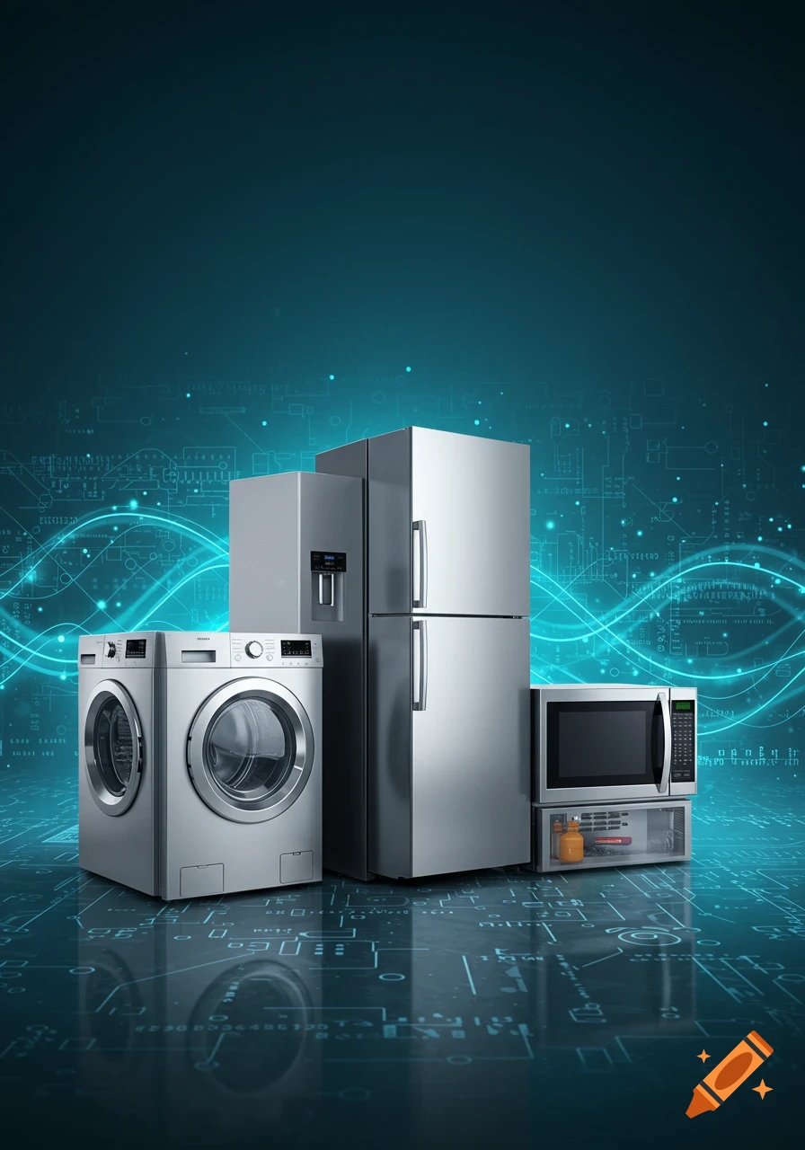 A group of silver household appliances, including a refrigerator, washing machines, and a microwave, sit on a circuit board-patterned floor with glowing blue lines against a dark blue background.