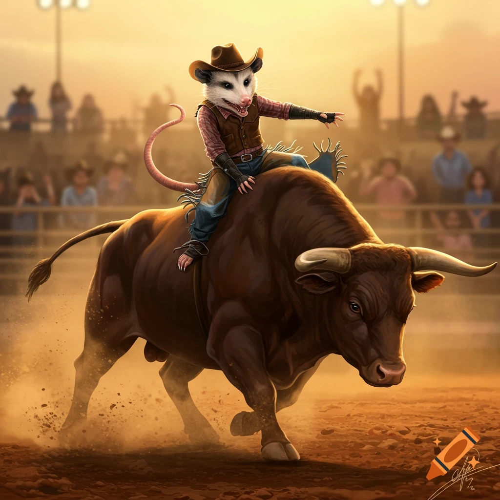 A professional-looking opossum in a cowboy hat rides a bucking bull in a dusty rodeo arena at sunset.