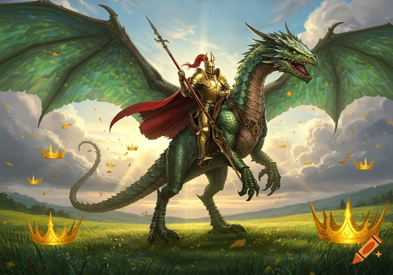 A knight in golden armor rides a green dragon, holding a spear, with golden crowns falling in a sunny field.