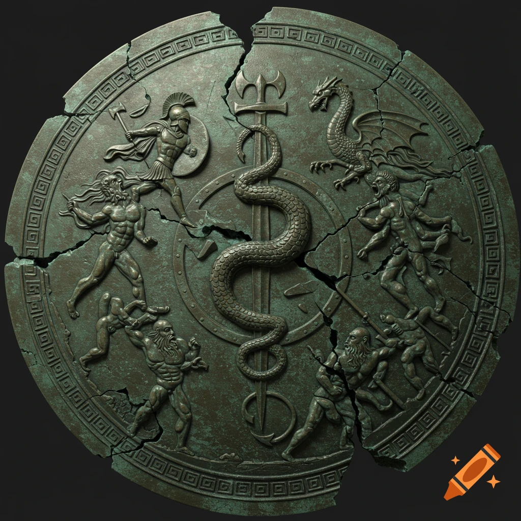 Heavily cracked ancient bronze shield with a greenish patina, featuring a snake and trident center, surrounded by detailed bas-relief scenes of a warrior, dragon, and cyclopes in ancient Greek style.