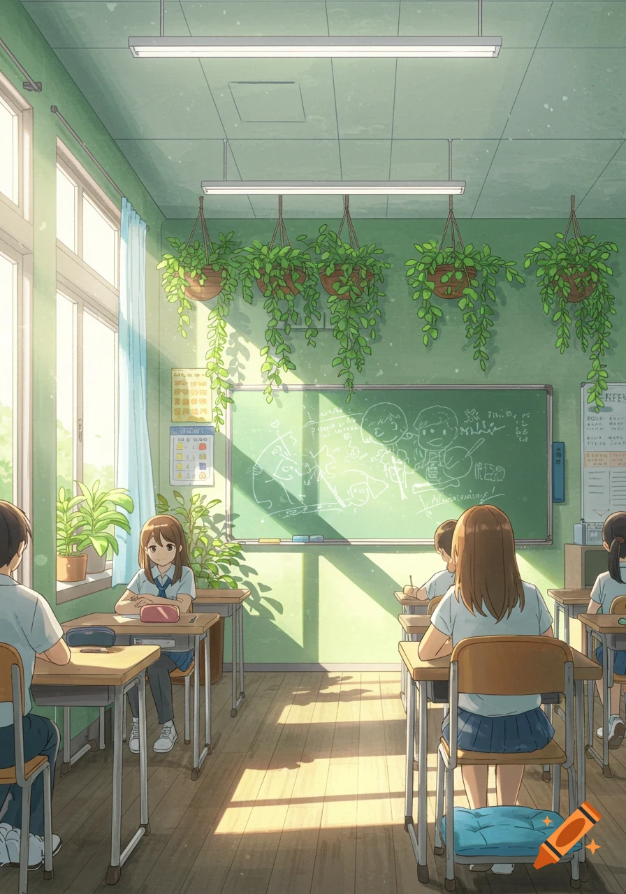 An anime-style classroom scene with students at desks, sunlight streaming through windows, and plants hanging above a blackboard with drawings.