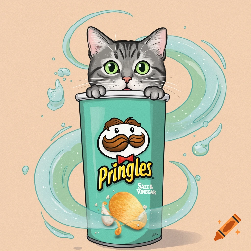 A cute grey tabby cat peeks out of a teal Salt & Vinegar Pringles can with water splashes in a cartoon style.