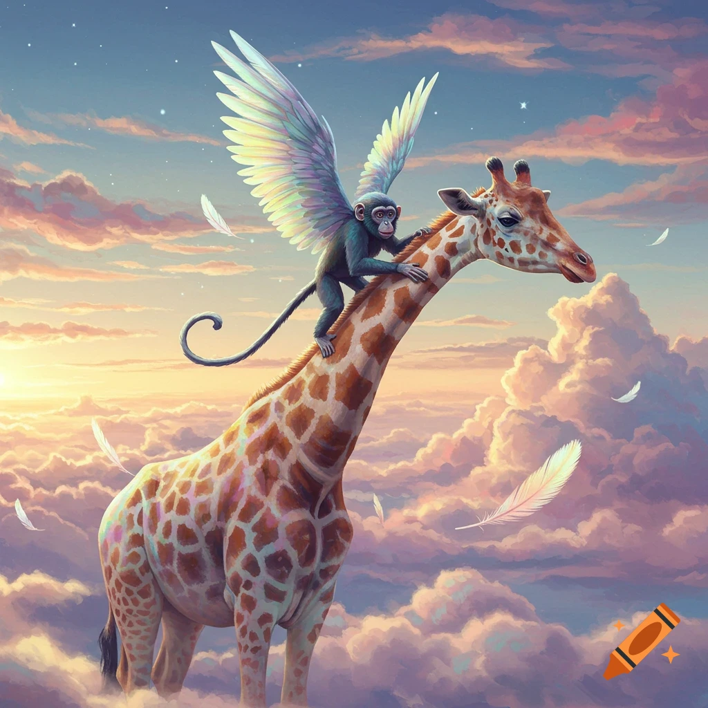 A winged monkey rides on the back of a giraffe, floating above a vast expanse of clouds at sunset, with feathers falling around them in a whimsical, painted style.