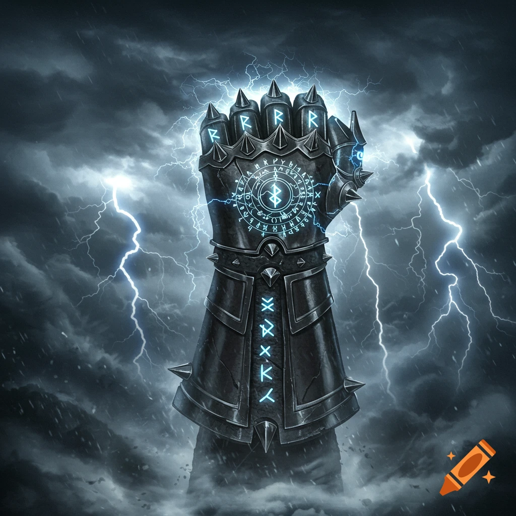 A dark, spiked gauntlet with glowing blue runes clenching a fist, surrounded by bright lightning bolts against a stormy, cloudy sky.