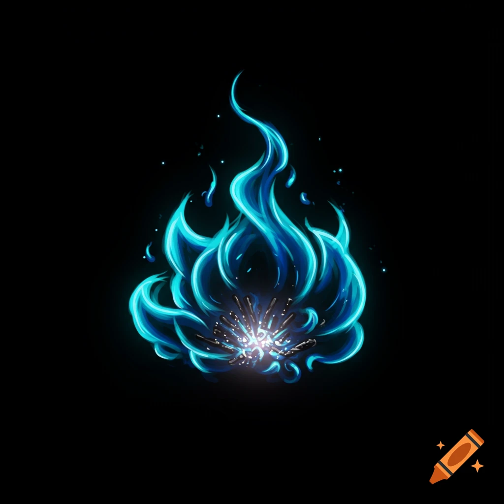 A glowing, swirling neon blue flame on a pitch black background.