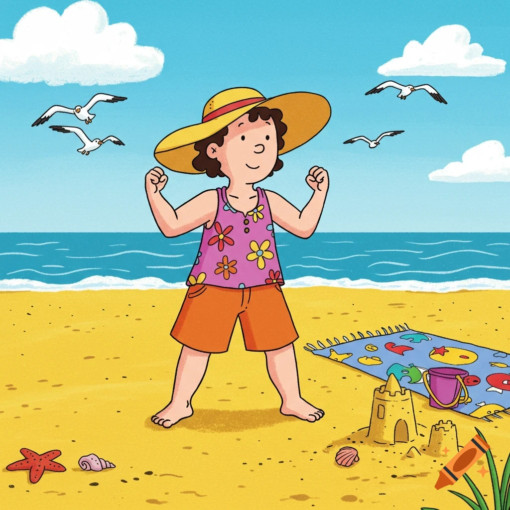 A cartoon person in a sun hat and swimsuit flexes their arms on a sunny beach with sandcastles and seagulls.