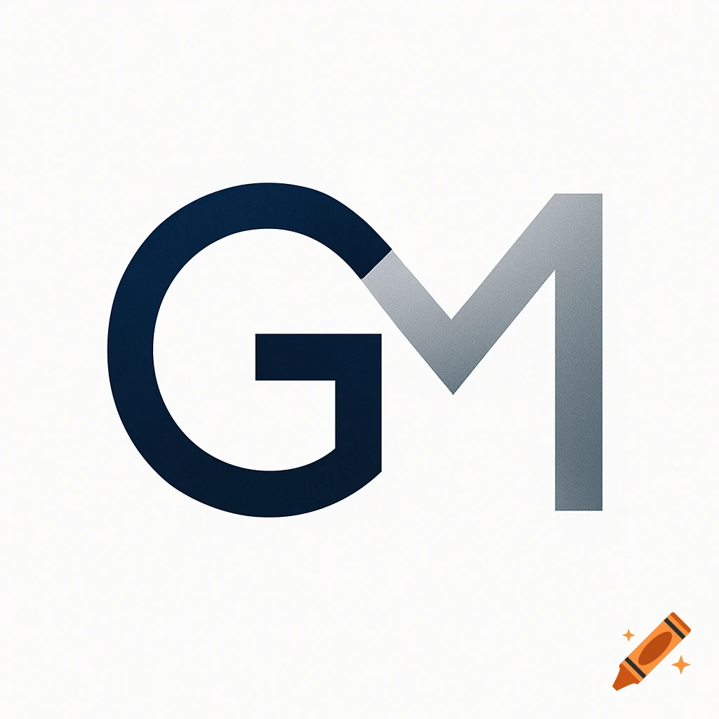 A dark blue letter G interlocking with a grey gradient letter M on a white background, forming a logo.