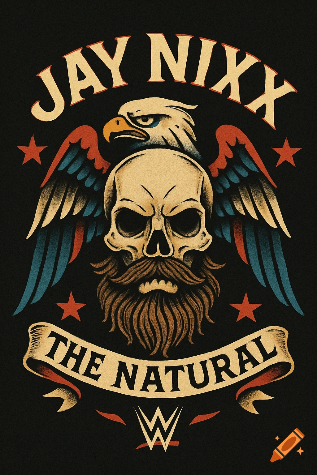 A wrestling logo in American traditional tattoo style featuring a skull with a beard and an eagle with outstretched wings. Text reads "JAY NIXX" above and "THE NATURAL" below with a WWE logo.