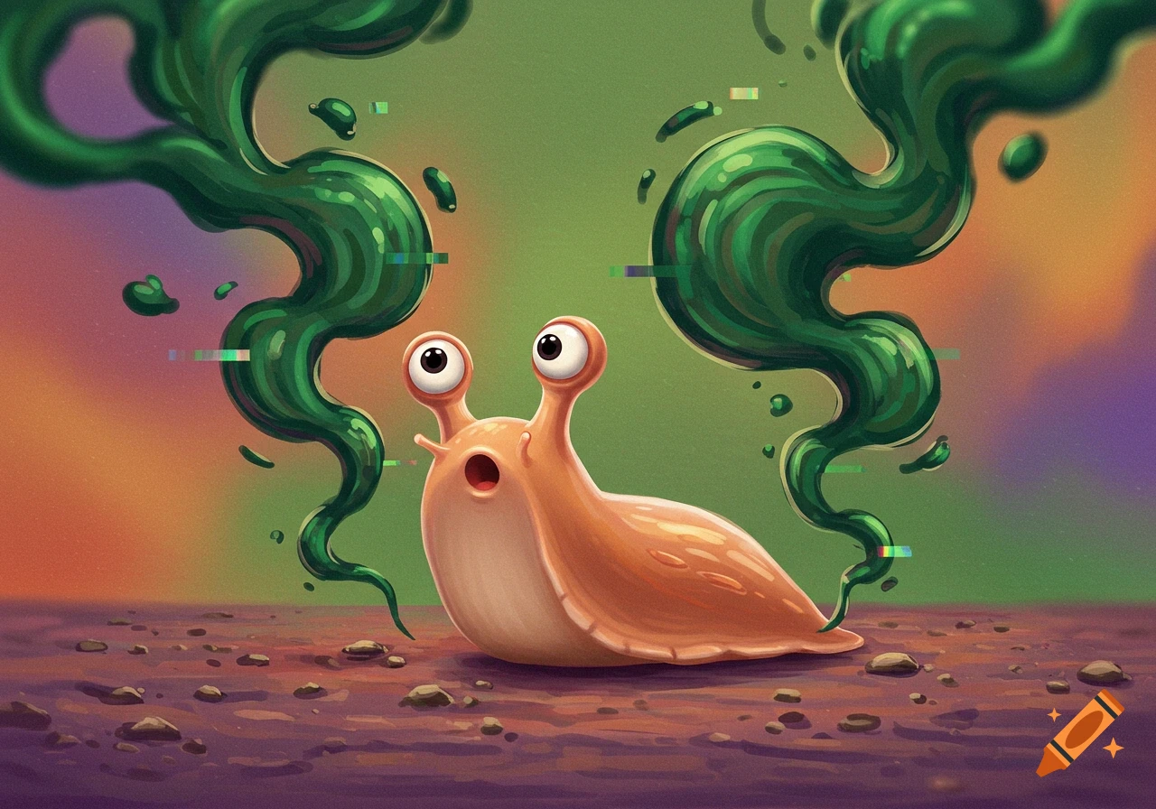 A wide-eyed cartoon slug with an open mouth is centered, surrounded by swirling green smoky tendrils with digital glitch artifacts, against a vibrant green, orange, and purple background, with a textured brown foreground.