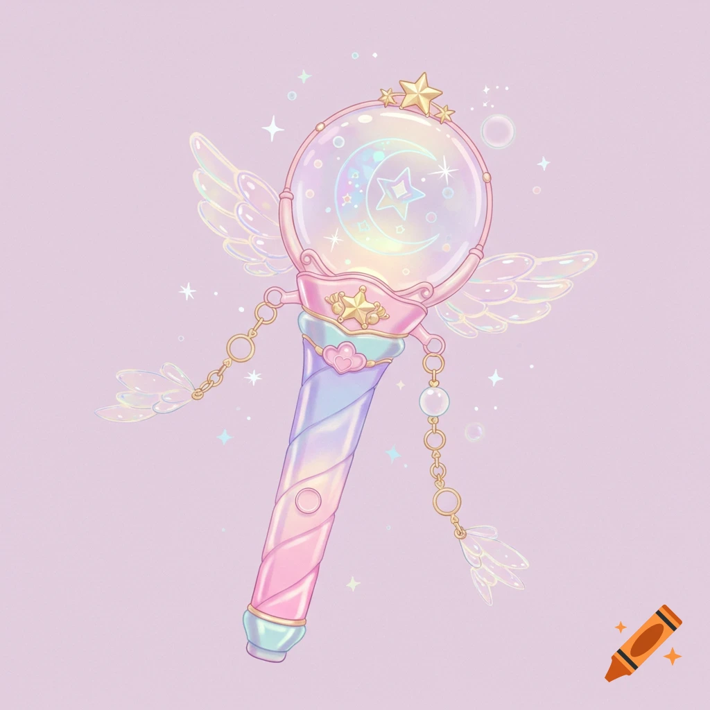 A pastel pink, blue, and gold magical girl light stick with a bubble orb, wings, crescent moon, and stars, on a light purple background.