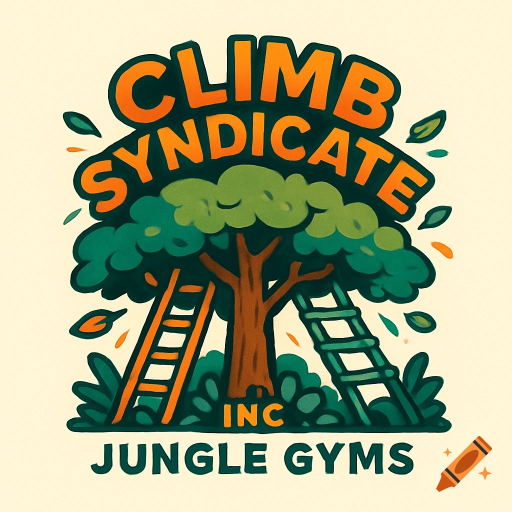 A vibrant, cartoon-style logo for 'Climb Syndicate Inc Jungle Gyms' featuring a tree with two ladders.