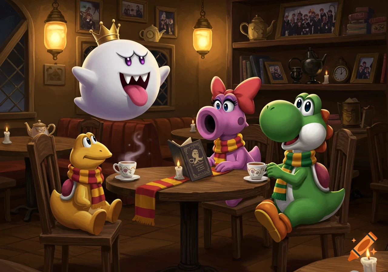King Boo, Birdo, and Yoshi wearing house scarves gather at a cozy, dimly lit cafe table with teacups and a book.