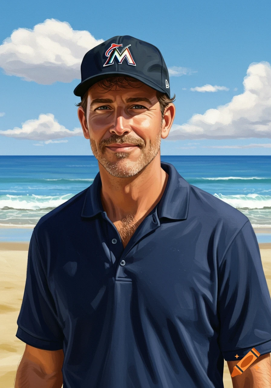 A man with a beard and a navy blue Florida Marlins cap smiles at the beach with ocean and sky in the background.