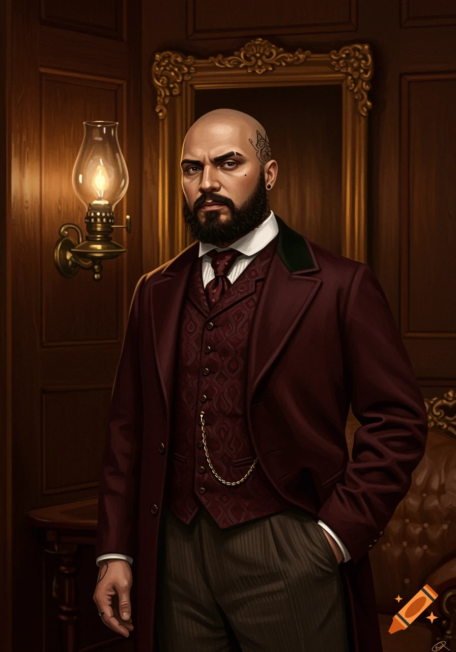 A bald man with a black beard and head tattoo, dressed in a burgundy Victorian suit, stands in a richly decorated wooden room.