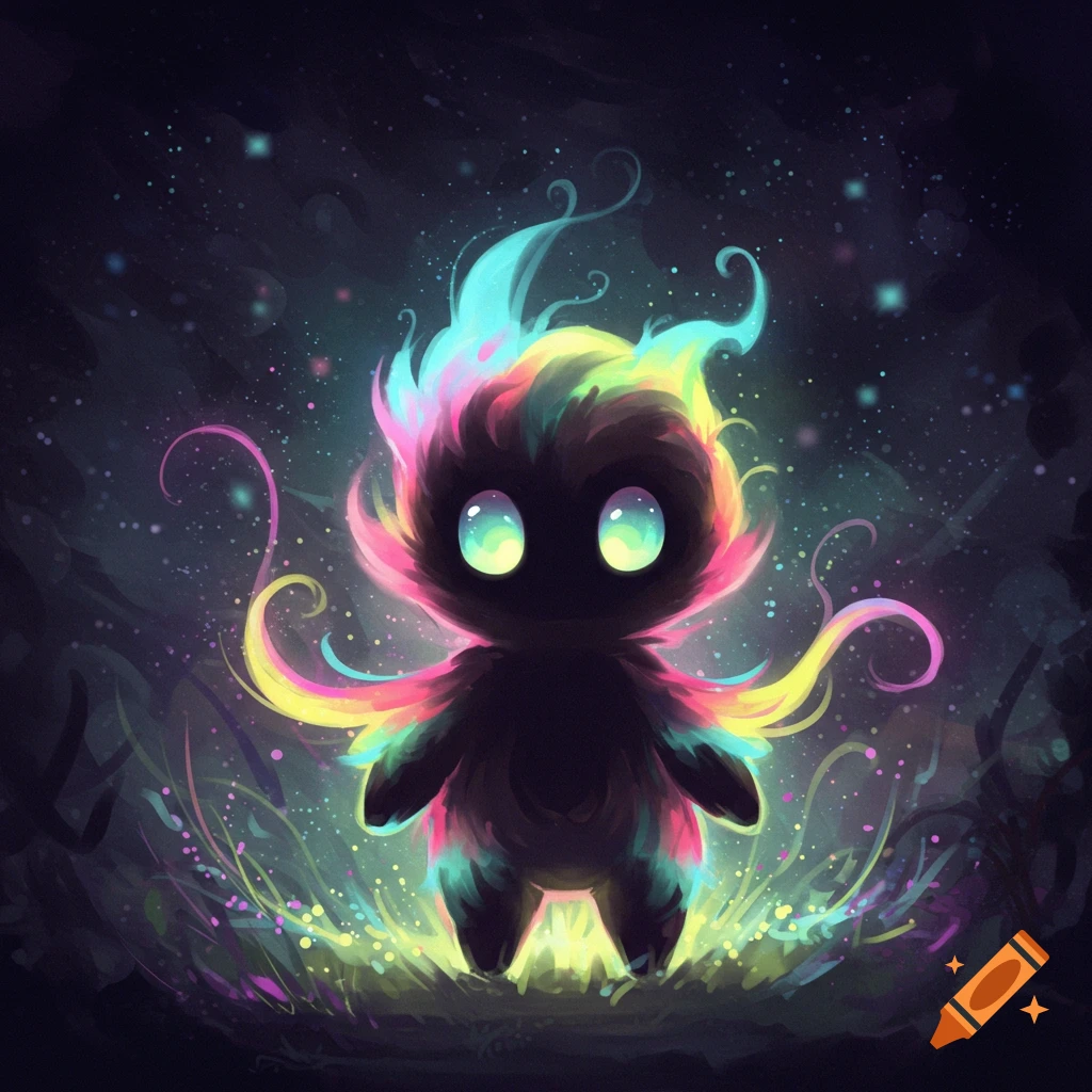 A cute, shadowy, multi-colored creature with glowing eyes and ethereal tendrils stands in a dark, magical setting.