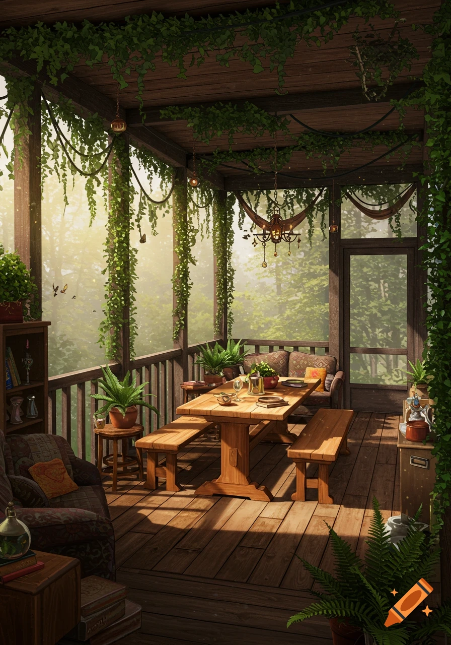 A whimsical, plant-filled wooden porch with a dining table, benches, and a cozy sitting area, surrounded by lush greenery and warm sunlight.