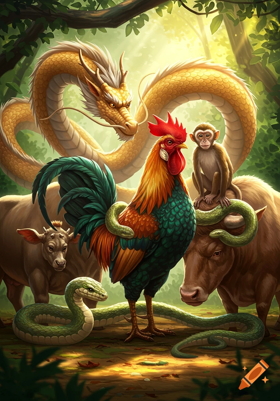 Vibrant illustration of a golden dragon, rooster, monkey, snakes, and oxen gathered in a lush forest with sun rays.