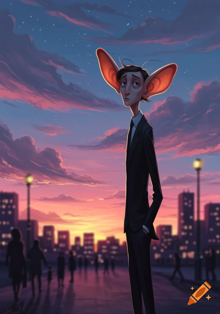 A tall, skinny man with very large ears in a suit stands on a street with a blurry city skyline and a vibrant pink and purple sunset sky in a stylized, cartoonish art style.
