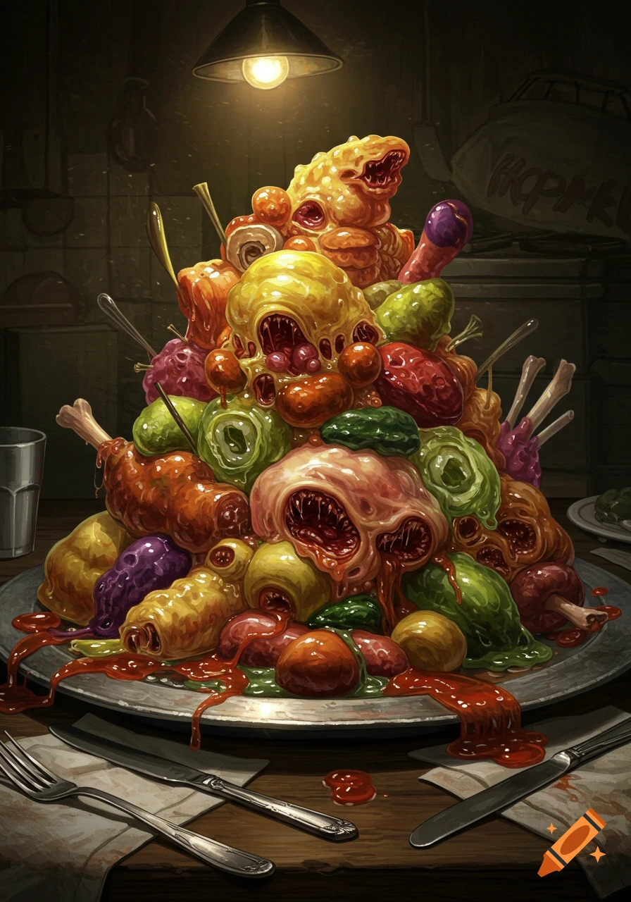 A grotesque, slimy pile of multi-colored, fleshy 'food' with teeth and eyes on a plate, set in a dark, grimy room. Stylized.