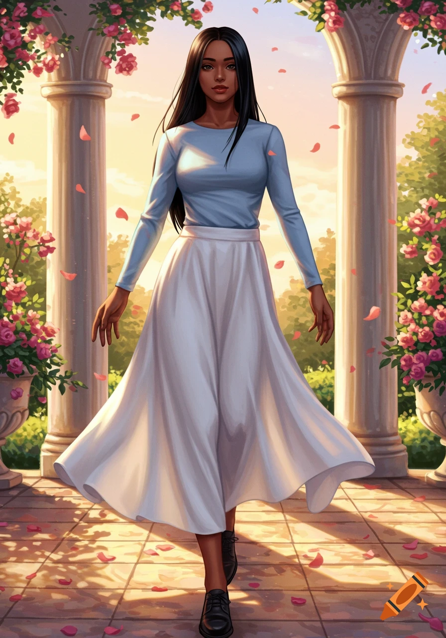 A woman with dark skin and long black hair walks in a rose garden with classical pillars, in a digital art style.