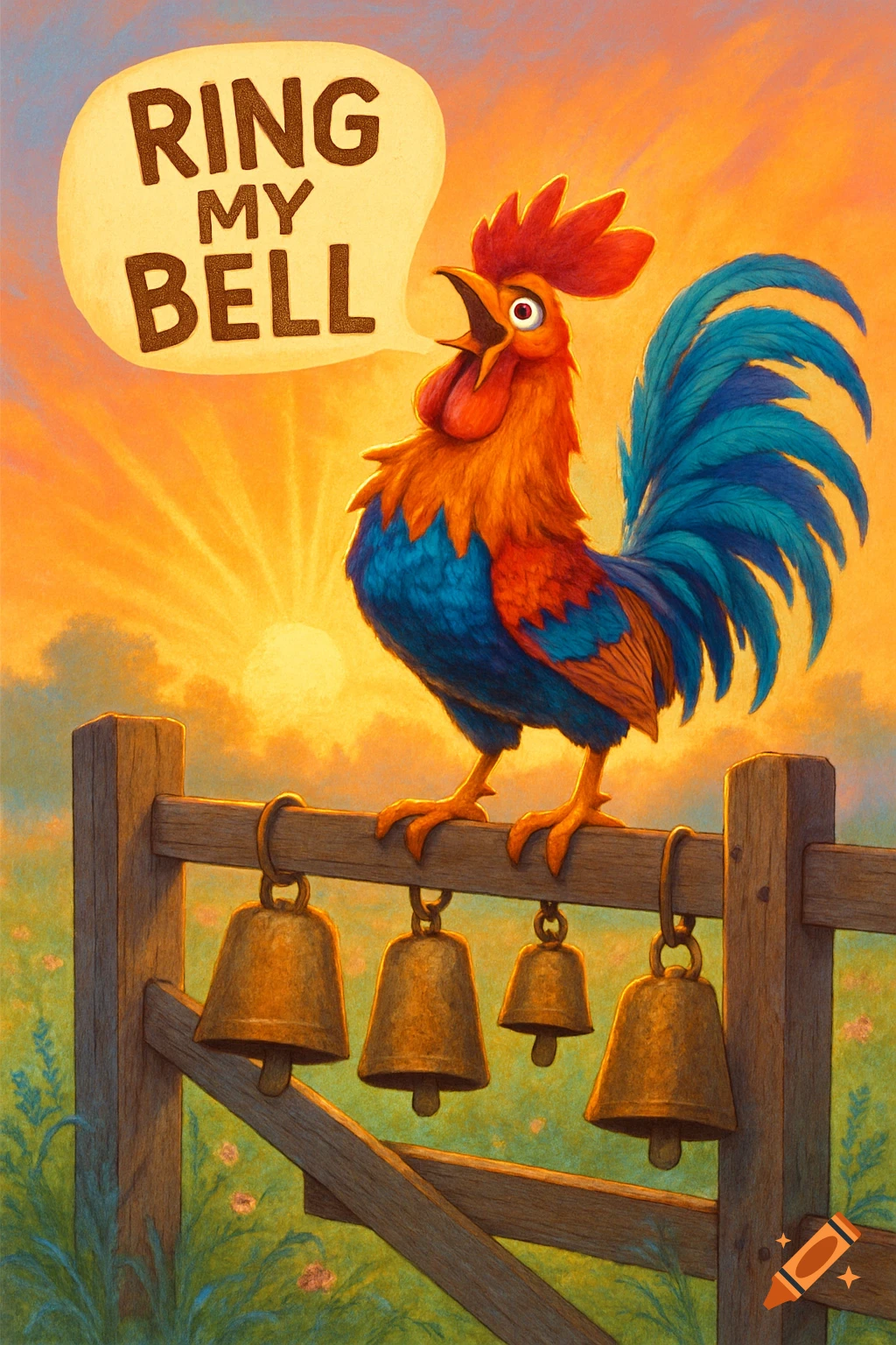 A vibrant cartoon rooster crows "RING MY BELL" from a fence with hanging bells at sunrise.