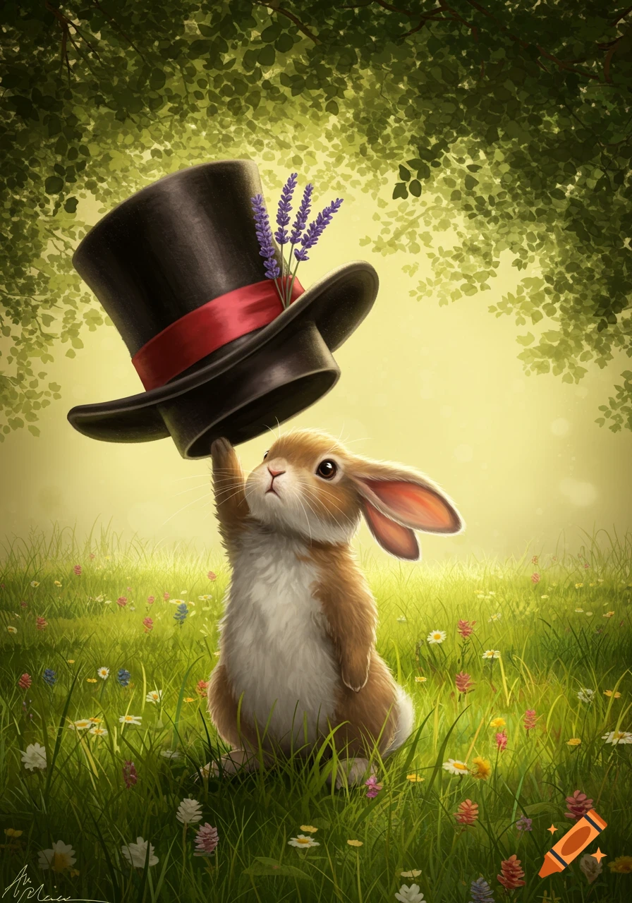 A cute cartoon rabbit holding a black top hat adorned with purple lavender flowers, standing in a vibrant green meadow filled with wildflowers under a leafy canopy.