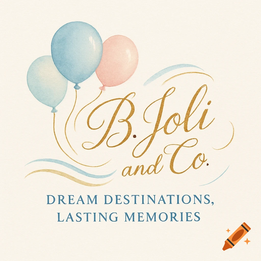 An elegant logo for 'B. Joli and Co.' with pastel blue and pink watercolor balloons, gold script, and the tagline 'Dream Destinations, Lasting Memories'.