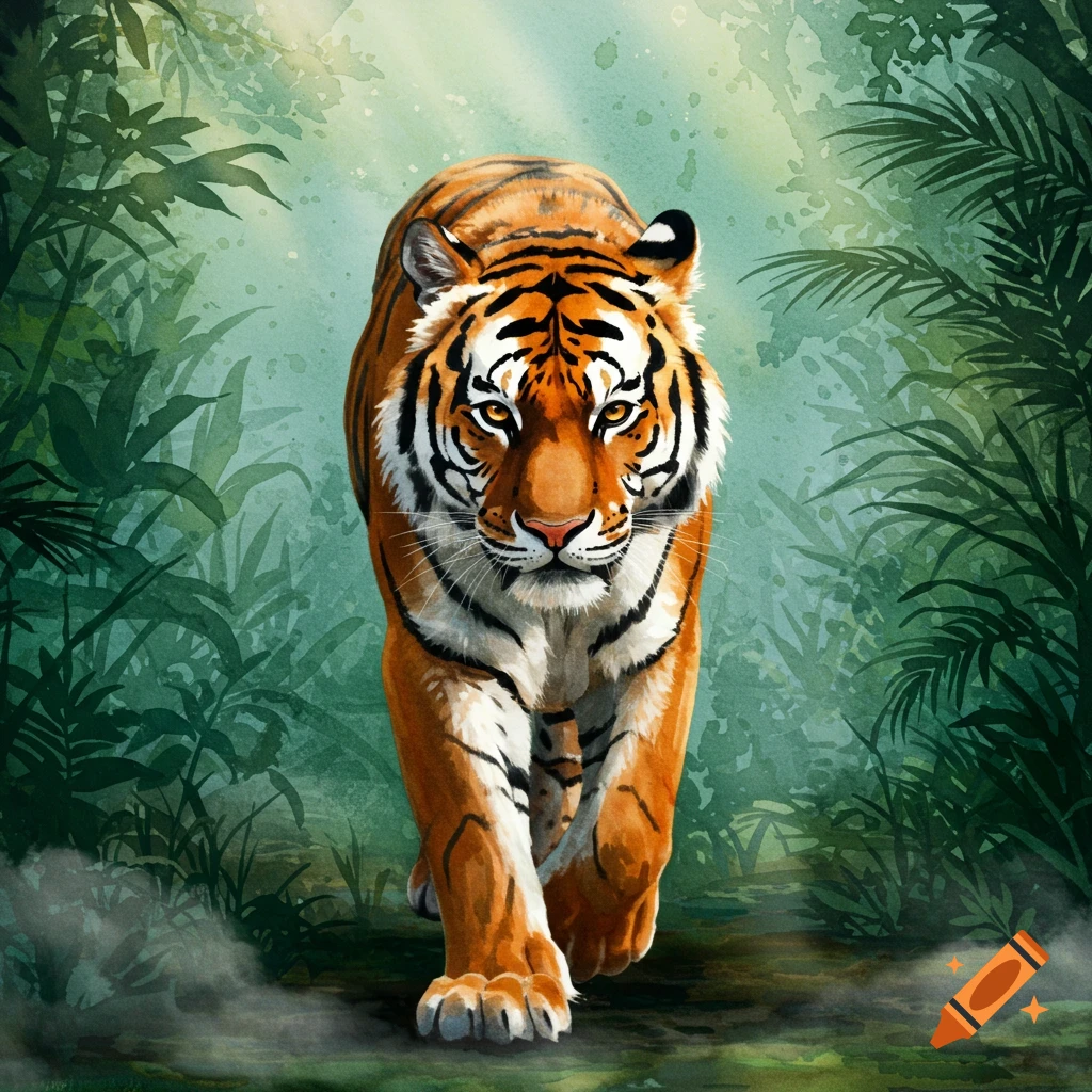 A realistic watercolor painting of a tiger walking forward through a lush jungle with light rays.