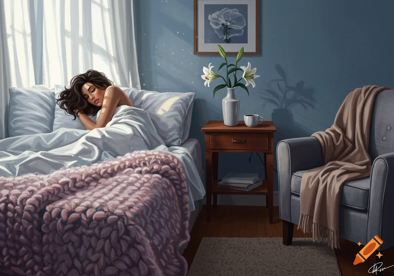 A serene digital painting of a woman sleeping peacefully in a sunlit bedroom with a pink knitted blanket and flowers on the nightstand.