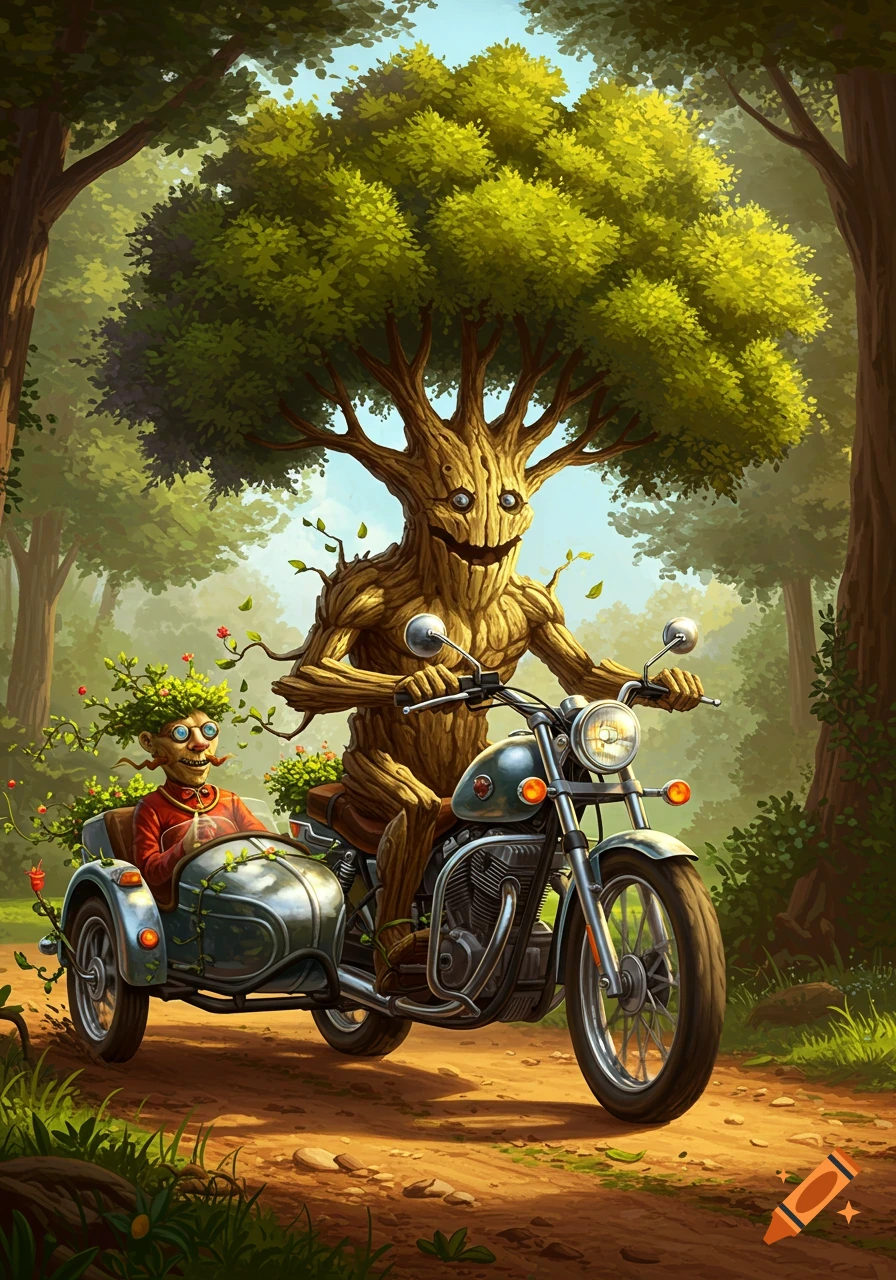 An anthropomorphic tree rides a motorcycle with a sidecar carrying a small, gnarled man, through a sunlit forest.