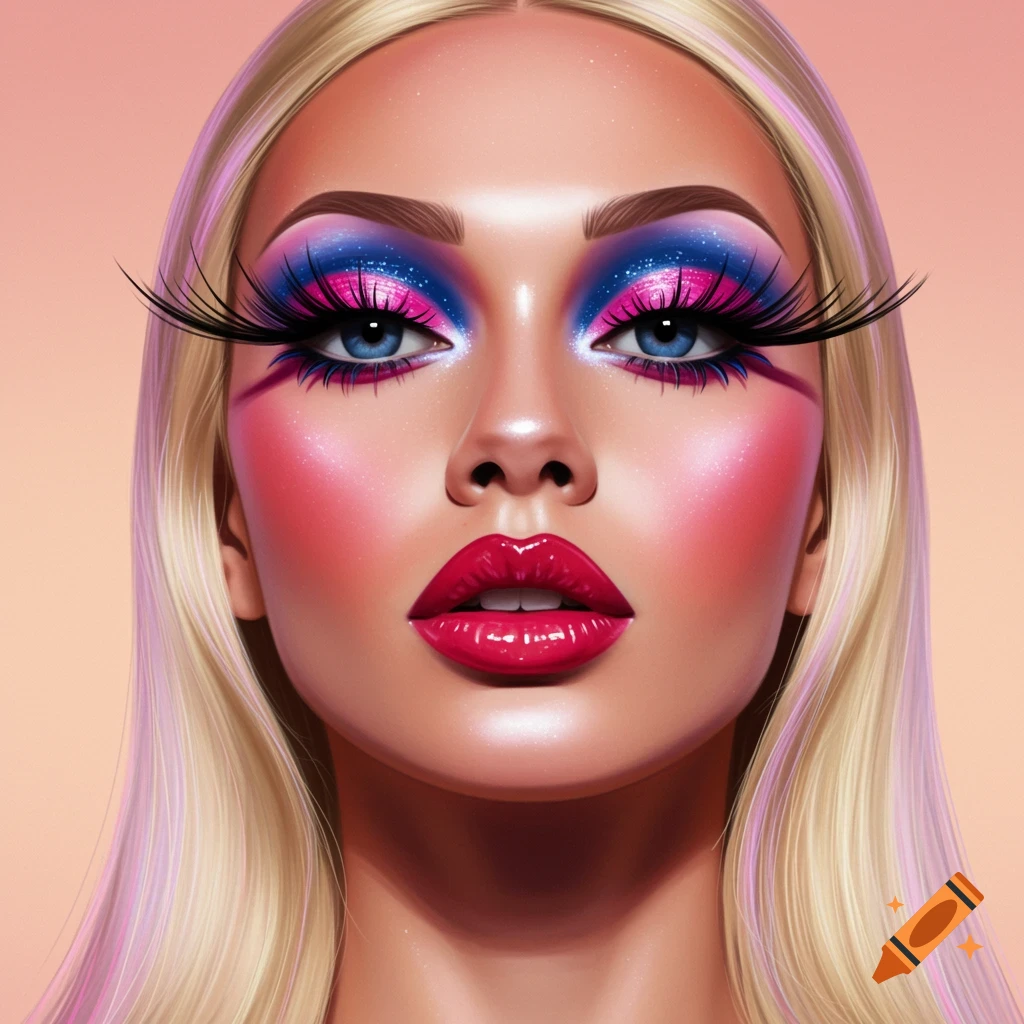 Close-up digital painting portrait of a woman with dramatic pink and blue eye makeup, long black lashes, and glossy red lips.