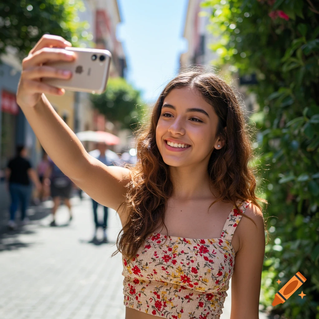 A young woman in a floral crop top smiling and taking a selfie on a sunny street.