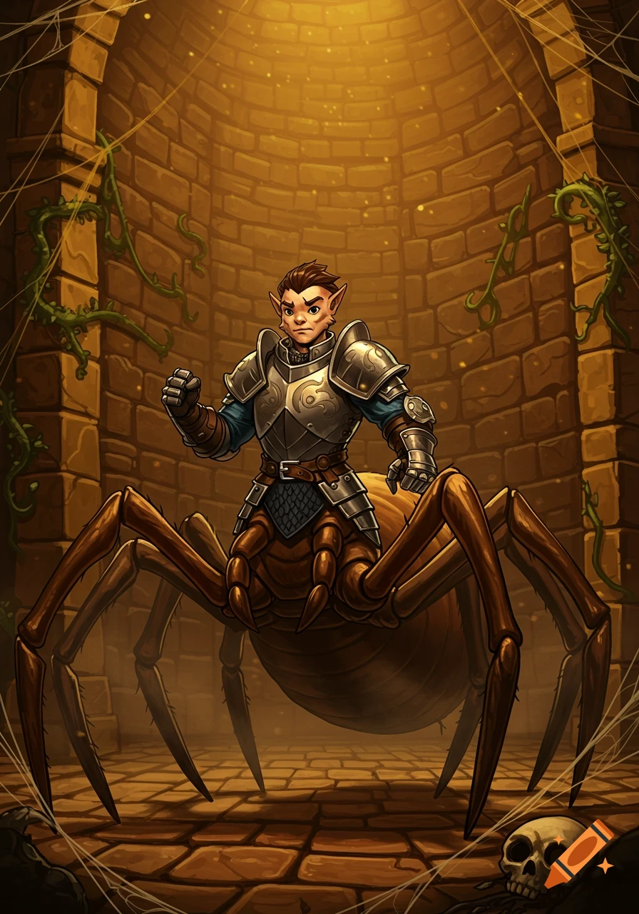 A fantasy illustration of a drider, an elf-like human torso with spider legs, wearing plate armor, standing in a dark, glowing dungeon.