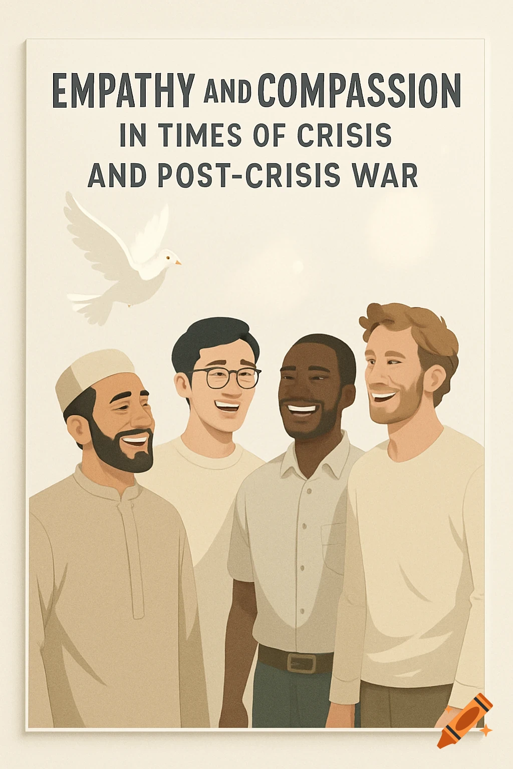 An illustrated poster of four smiling men of diverse ethnicities and a white dove, with text 'EMPATHY AND COMPASSION IN TIMES OF CRISIS AND POST-CRISIS WAR'.