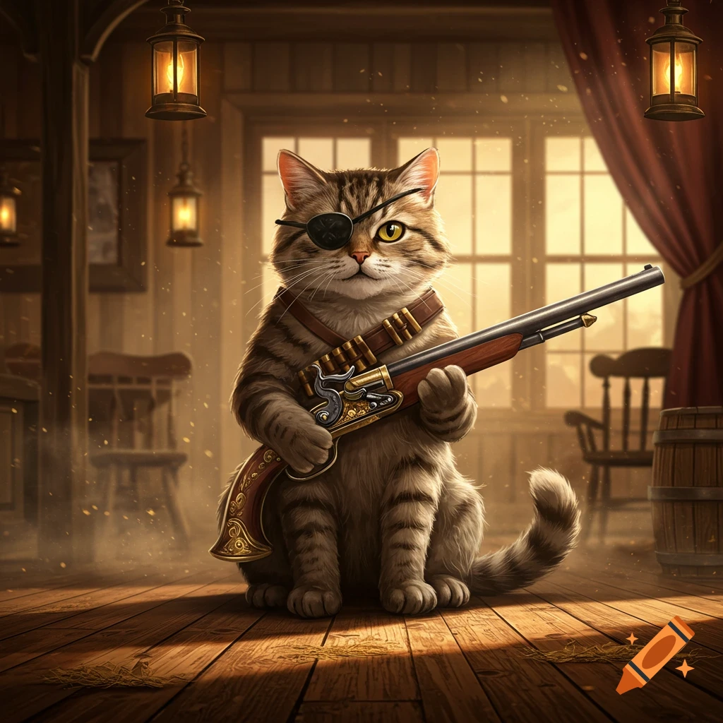 A tabby cat wearing an eyepatch and a bandolier holds a rifle in a rustic saloon.