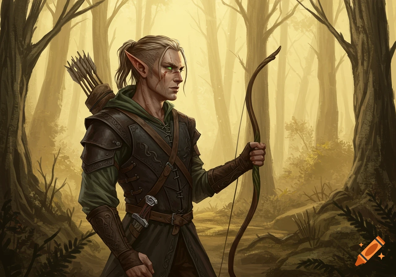 A moody, weathered male elf ranger with a ponytail and green eyes holds a bow in a sunlit forest.
