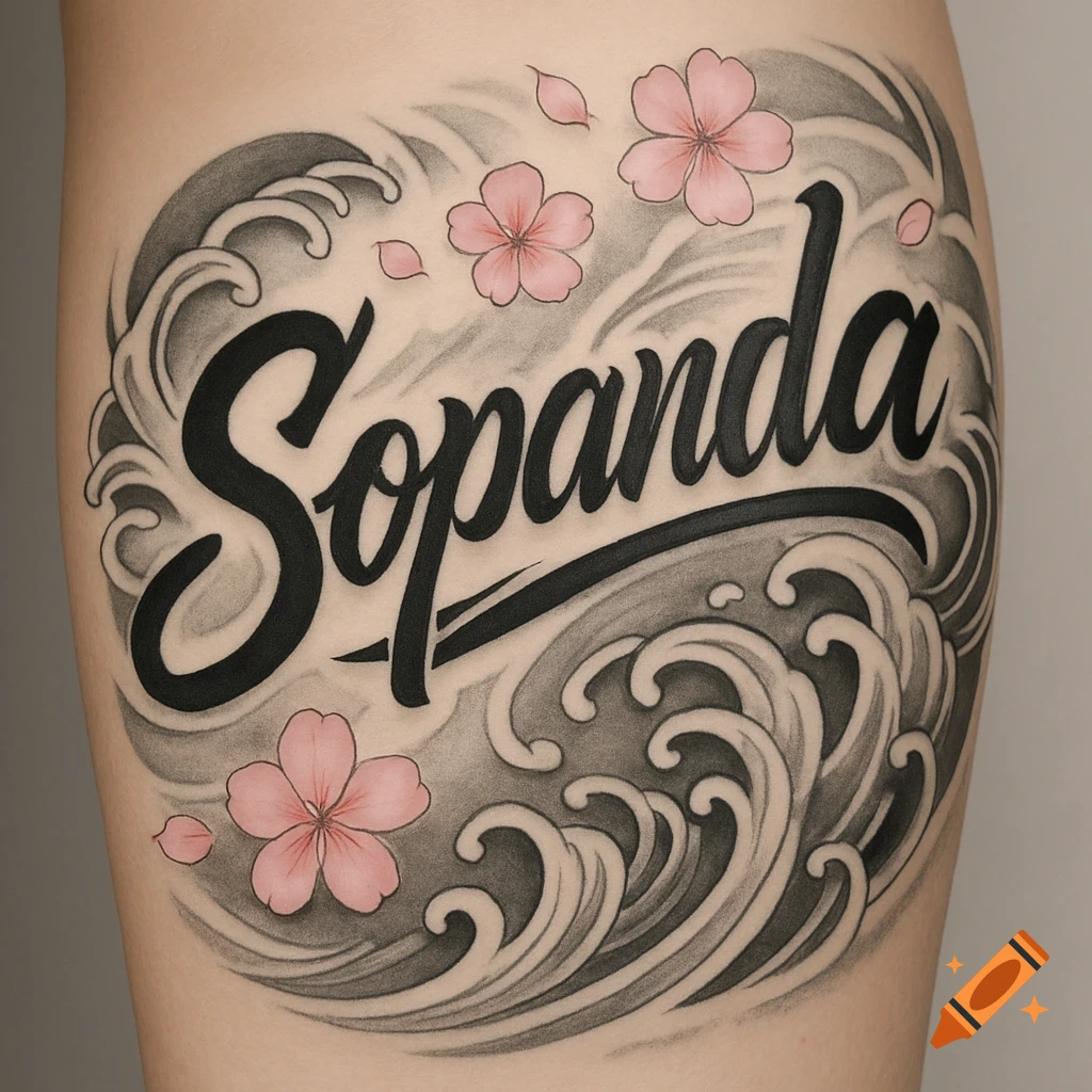 A tattoo on skin featuring the word Sopanda in a script font, surrounded by black and white stylized waves and pink cherry blossoms.