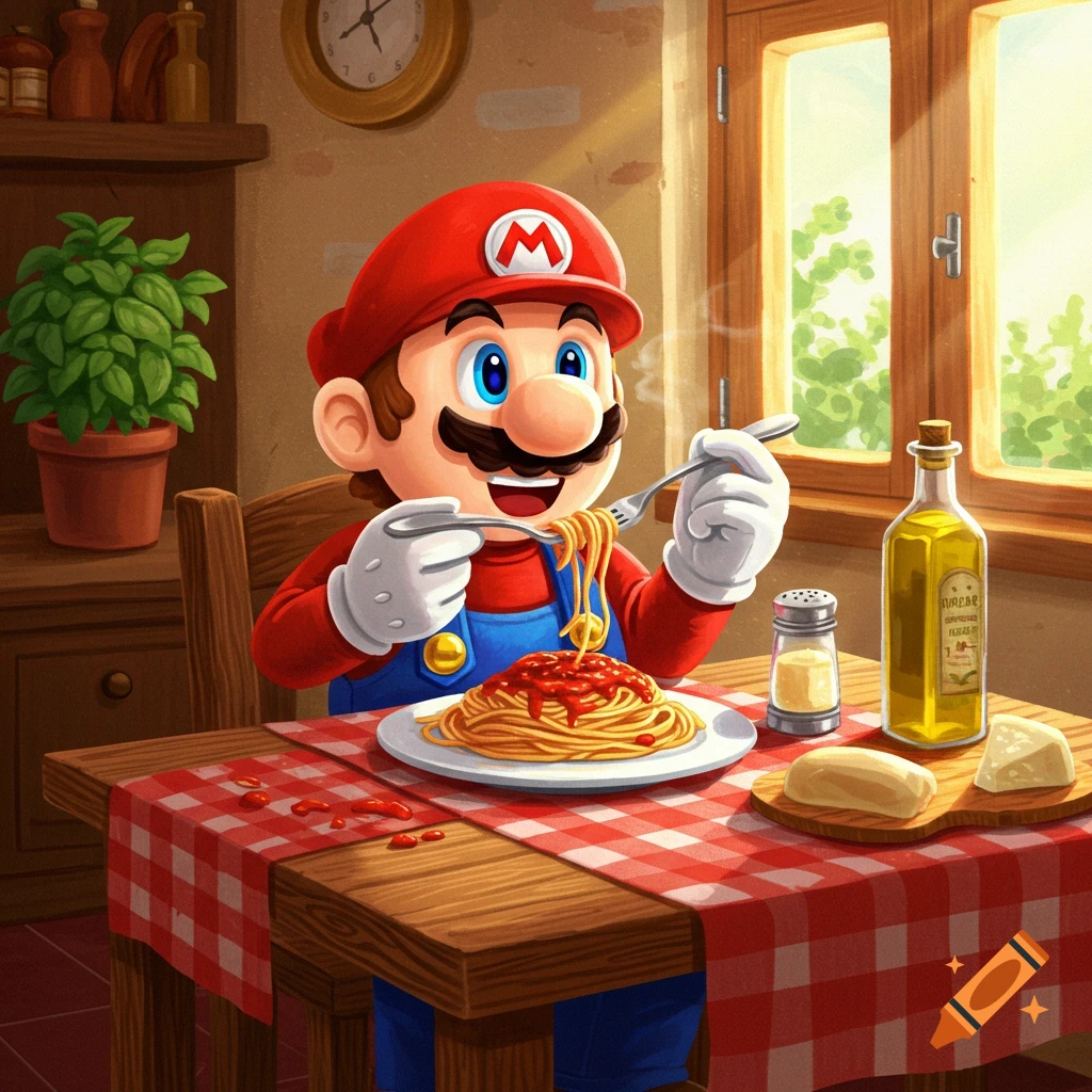 Mario sitting at a wooden table with a red and white checkered tablecloth, happily eating a plate of spaghetti with a fork in a sunlit room.