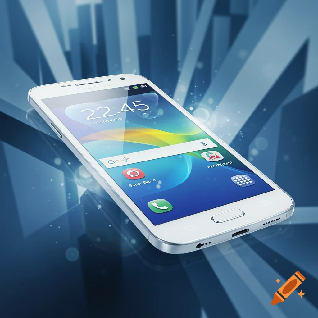 A white Samsung smartphone with a colorful screen showing time, Google search, and app icons, against a blurred blue background.