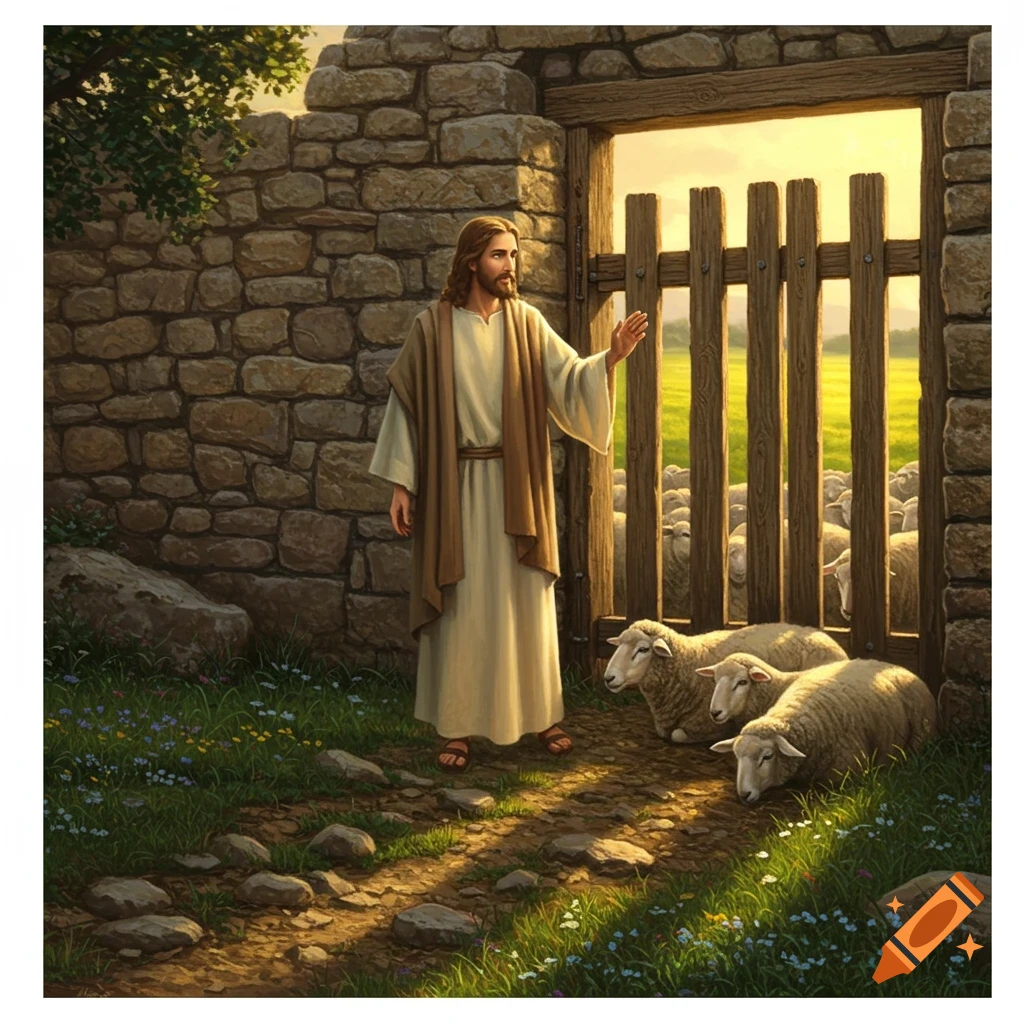 Jesus stands at a stone gate, inviting sheep into a sunlit green field, depicted in a realistic painting style.