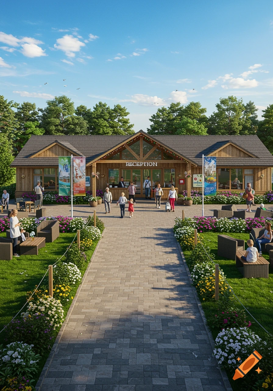 A photorealistic rendering of a wooden reception building with a prominent "RECEPTION" sign, surrounded by green lawns and colorful flower beds. People are seen entering and exiting the building and relaxing in outdoor seating areas under a bright blue sky.
